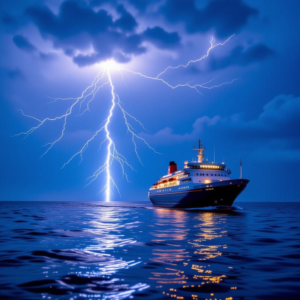 Dramatic Lightning Strike Behind Cruise Ship at Sea