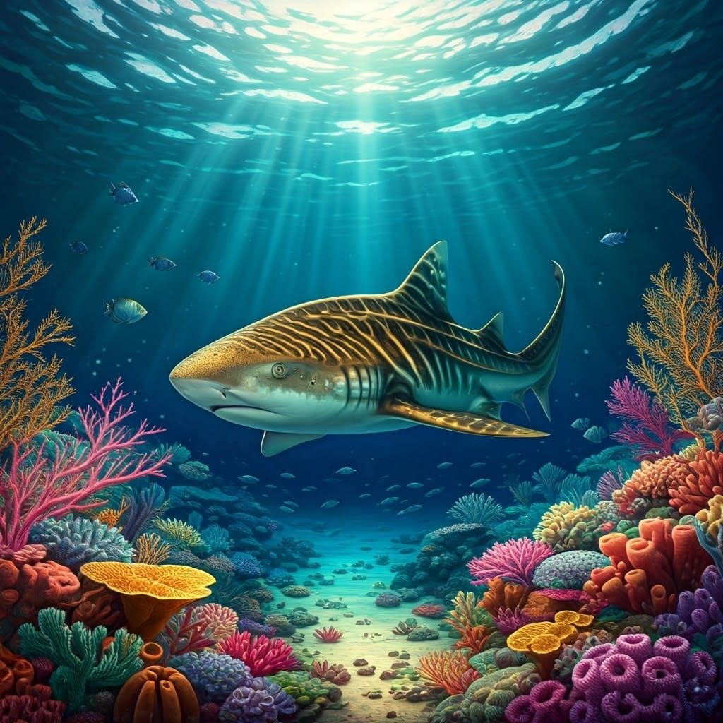 Zebra Shark in Coral Reef: Fantastical Art Nouveau Seascape