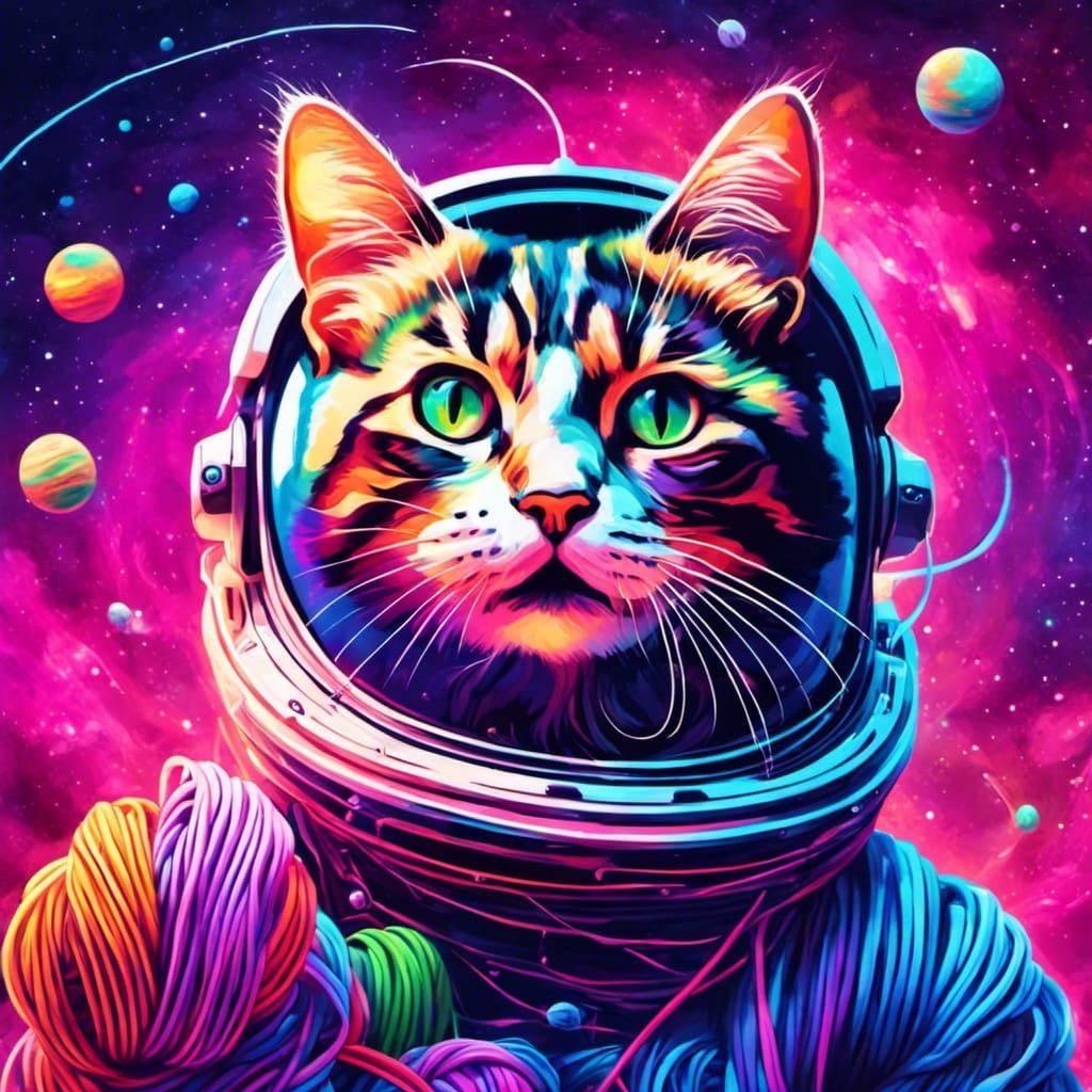 Hyperrealistic Cat in Space with Yarn Planets