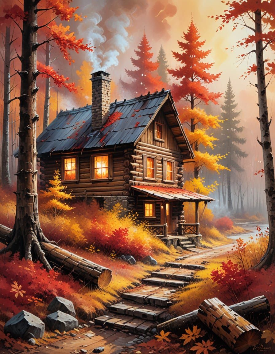 Log Cabin in Autumn Forest at Dusk as Oil Painting
