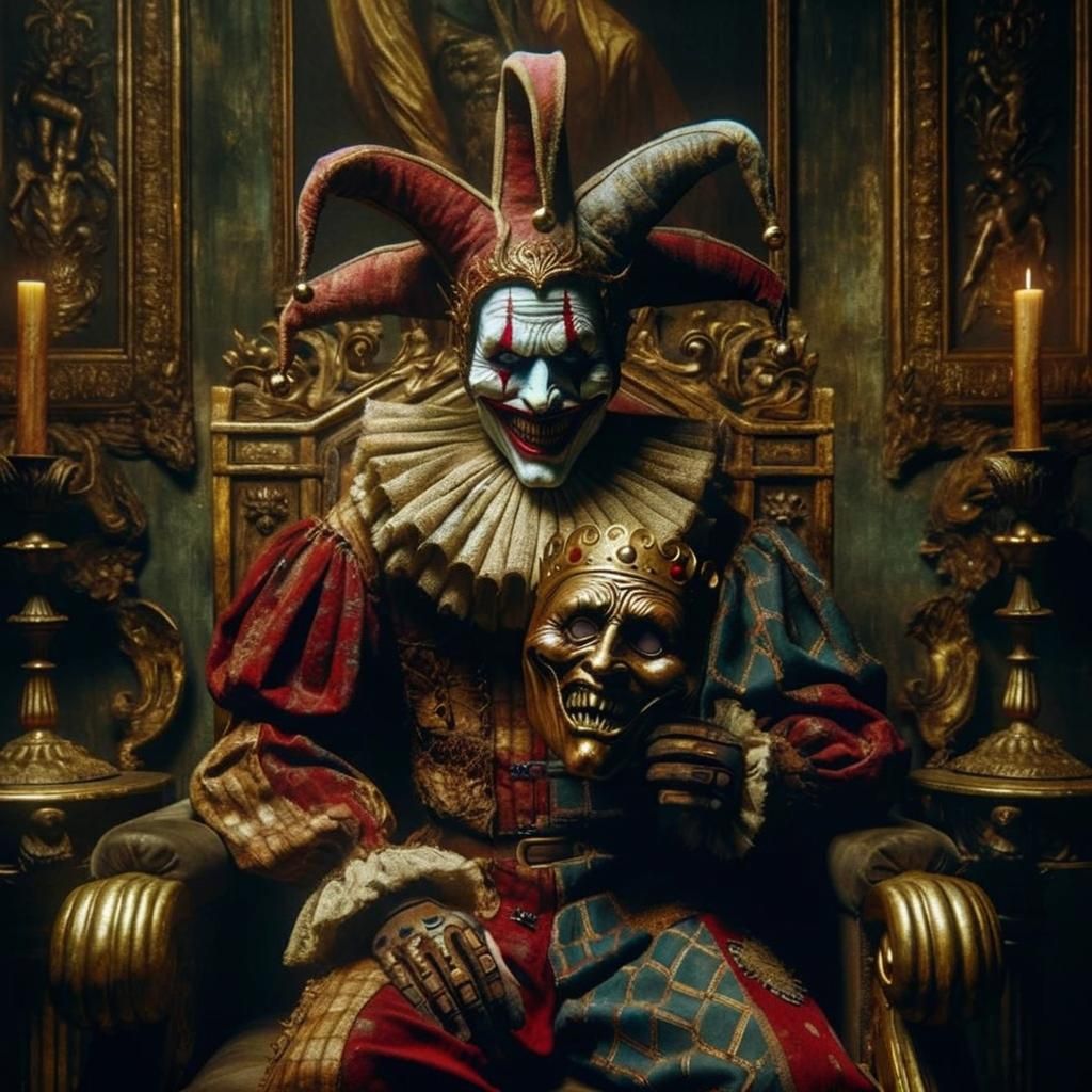 Sinister Jester on Antique Throne in Dark Chamber