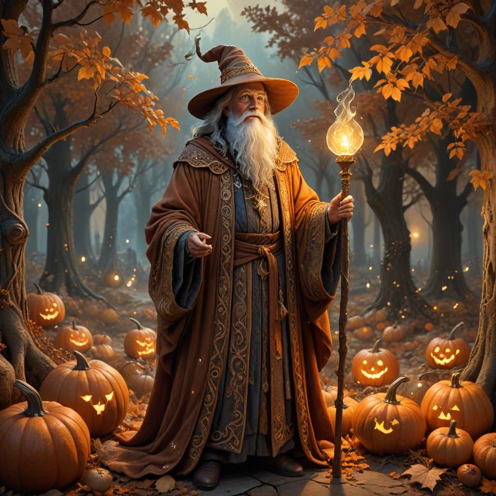 Wise Wizard with Glowing Staff in Autumn Storybook Style