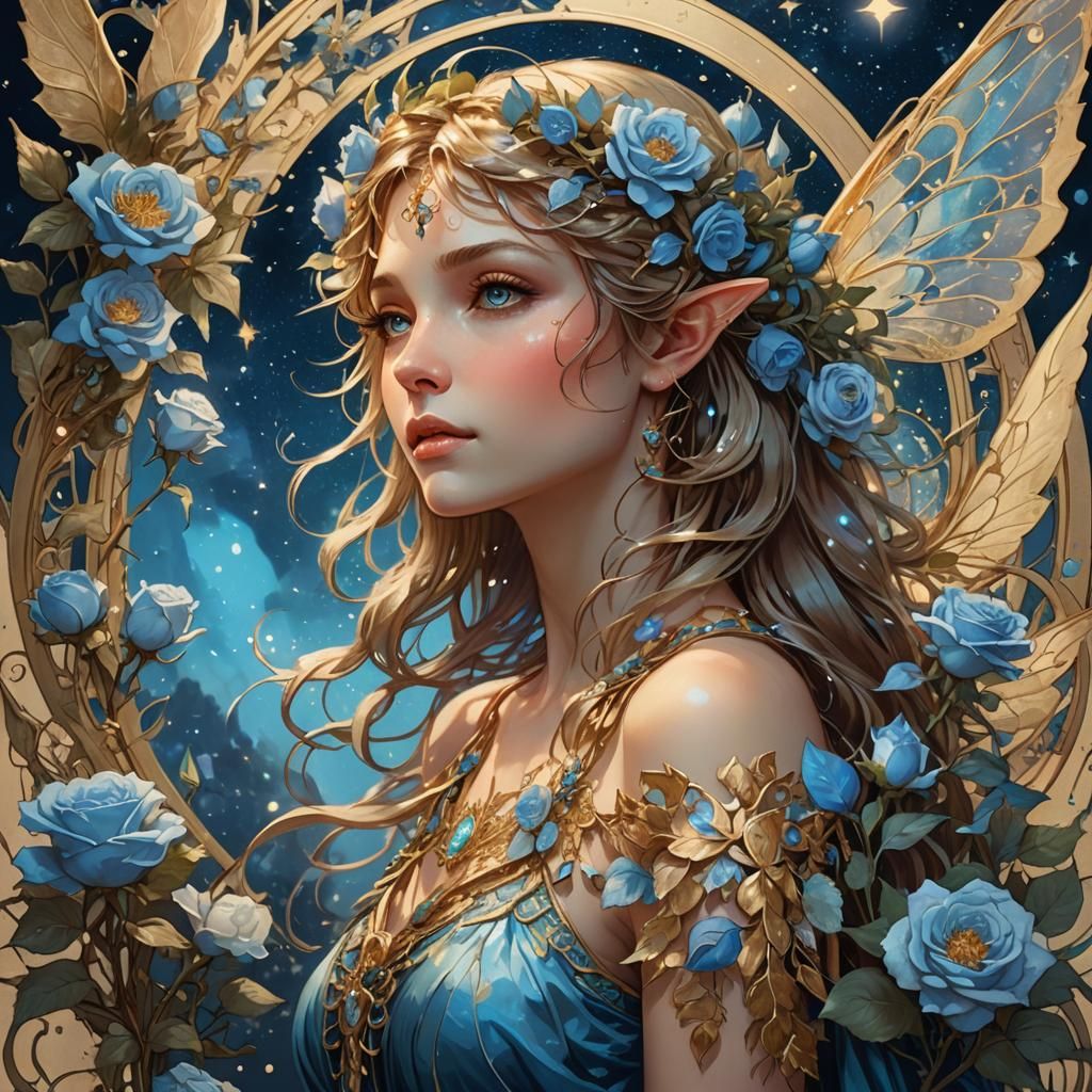 Fairy Portrait with Blue Roses in Art Nouveau Style