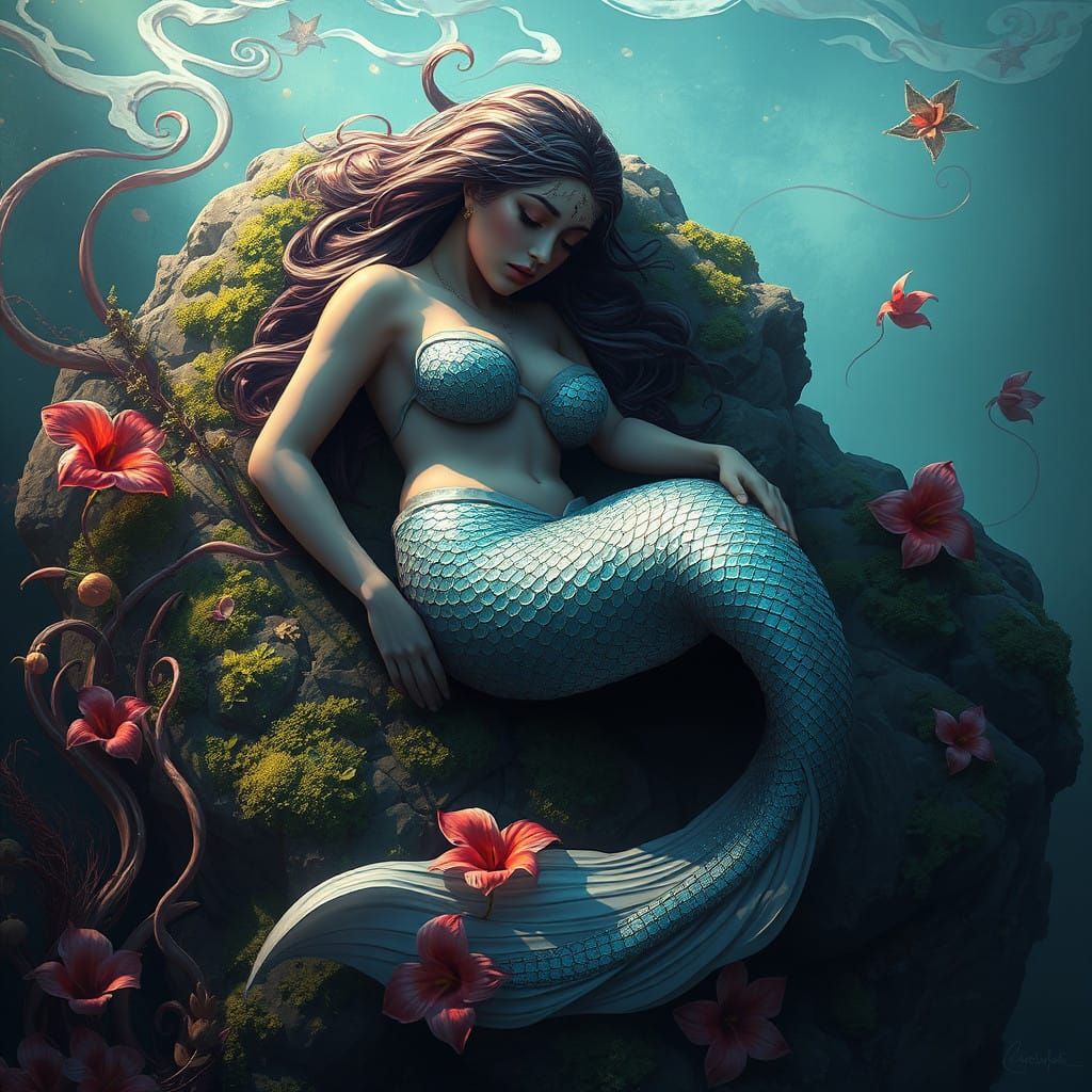 Sensual Mermaid in Dreamlike, Fantasy Landscape