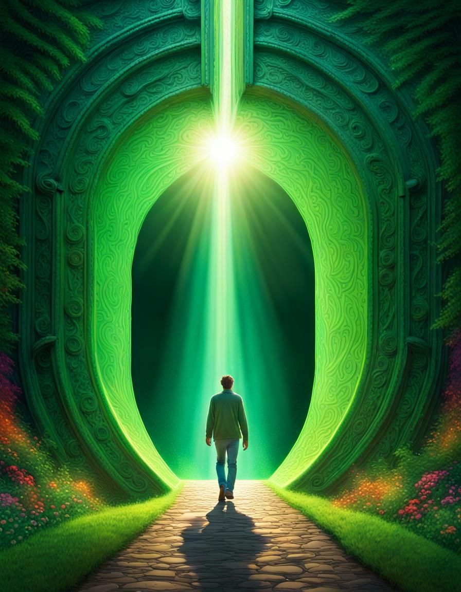 A Man walking towards a green portal while a beam of light shines down in the background, vibrant, colorful, fantasy, HD...