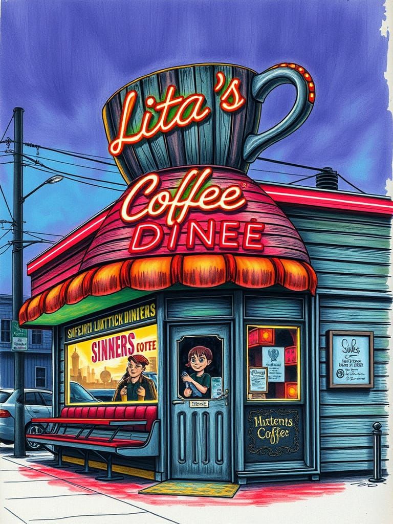 Neon-Lit Diner Drawing in Giger Shading Style