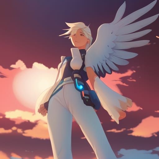 Mercy Overwatch Anime Soaring at Sunset
