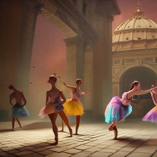 Ballet Dancers' Cake Fight in Rome, Detailed Matte Painting