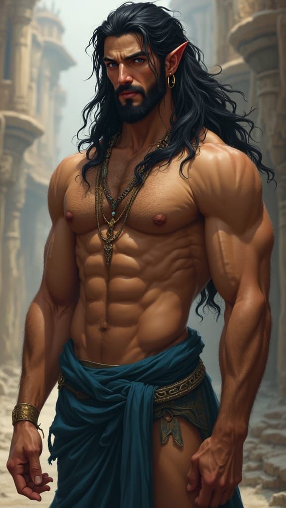 Handsome Muscular Persian Djinn with Gold Earring