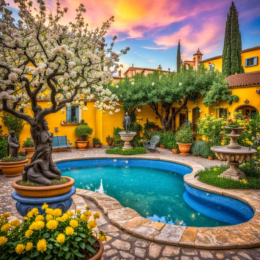 Italian Courtyard in Springtime, Van Gogh Style