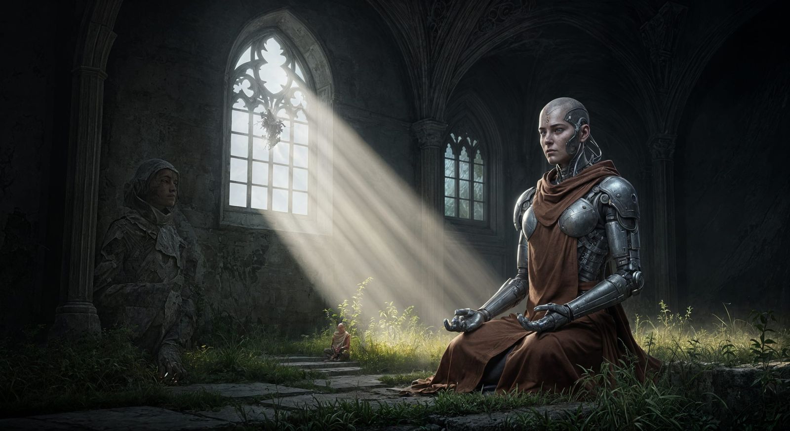 Cyborg Monk Meditating in Dilapidated Monastery