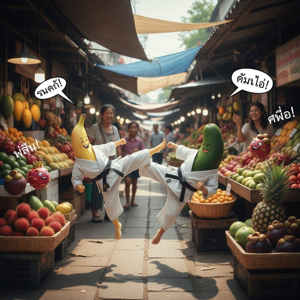 Banana and Avocado Fight in Thai Market