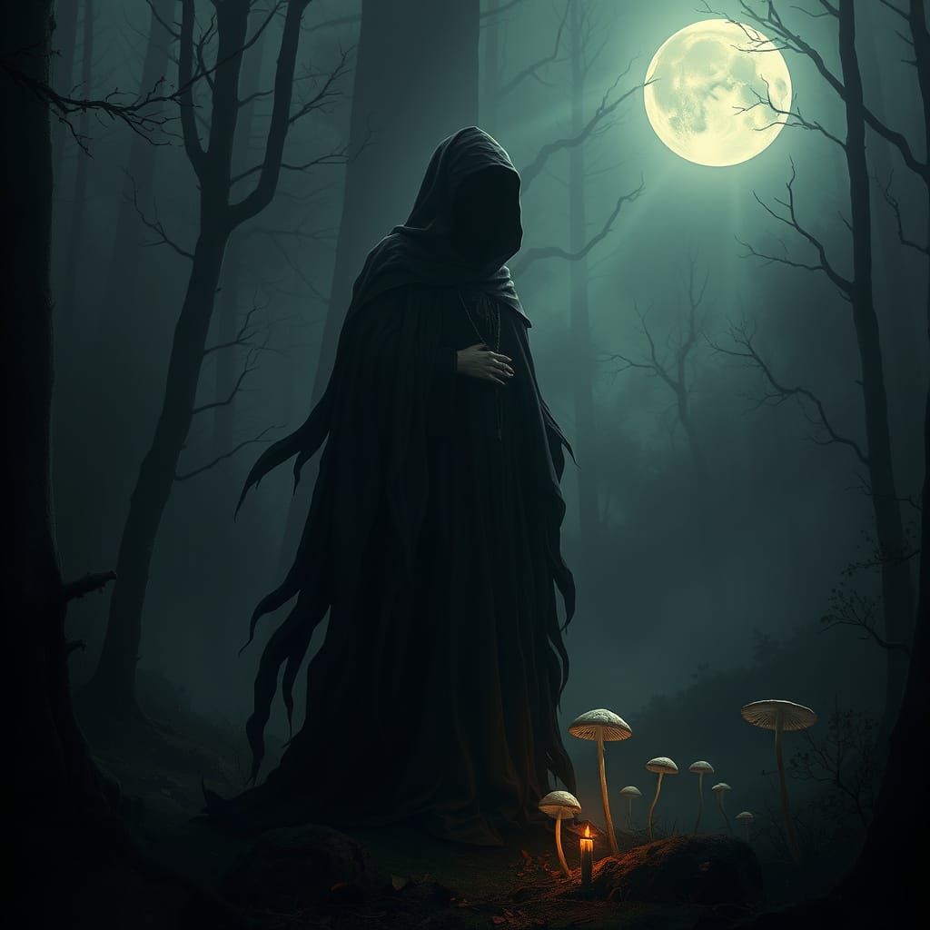 Ethereal Gothic Sorceress in Dark Mystical Forest