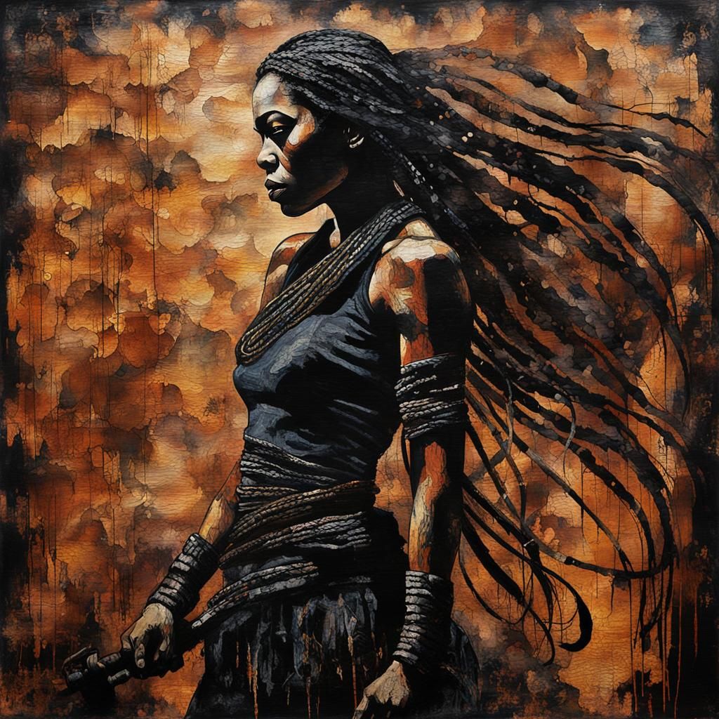 Abstract Expressionist Warrior Woman Portrait in Batik Style