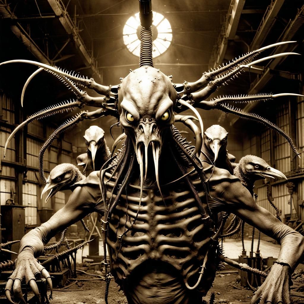 Undead Biomechanical Abomination in Sepia Photograph Style