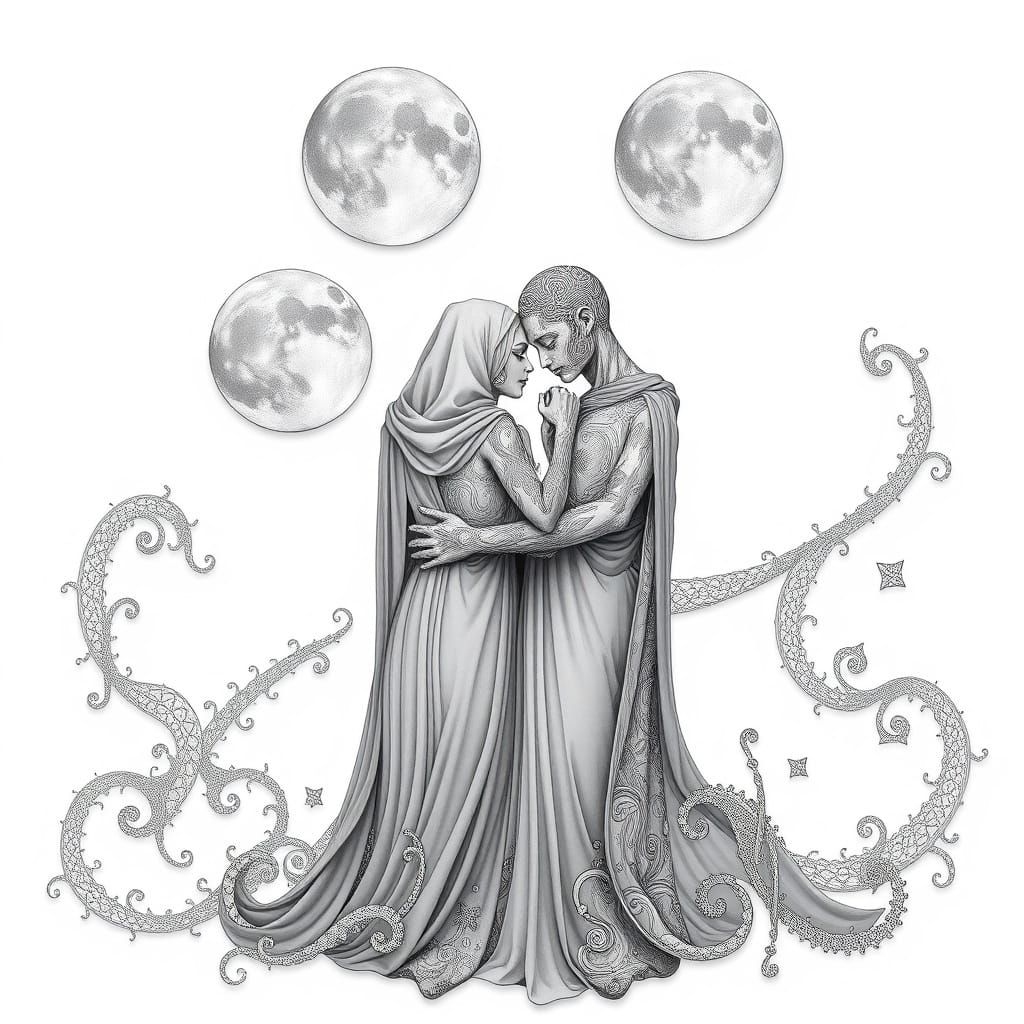 Pointillist Moons in Intertwined Figure Composition