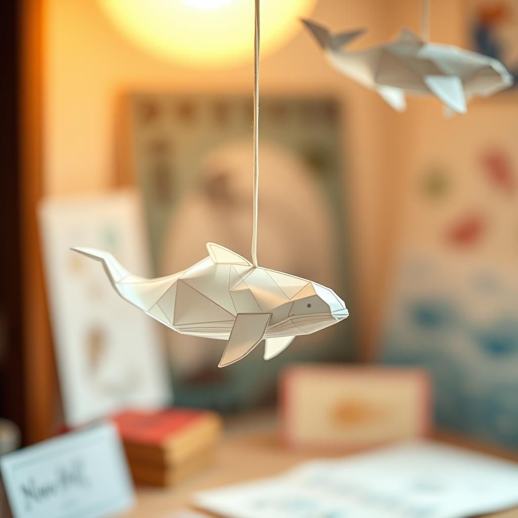 Translucent Origami Whales in Air, Papercraft Dreamscape