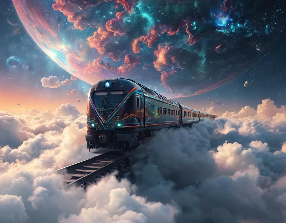 Cosmic Train Voyage on Clouds in Vibrant Mixed Media