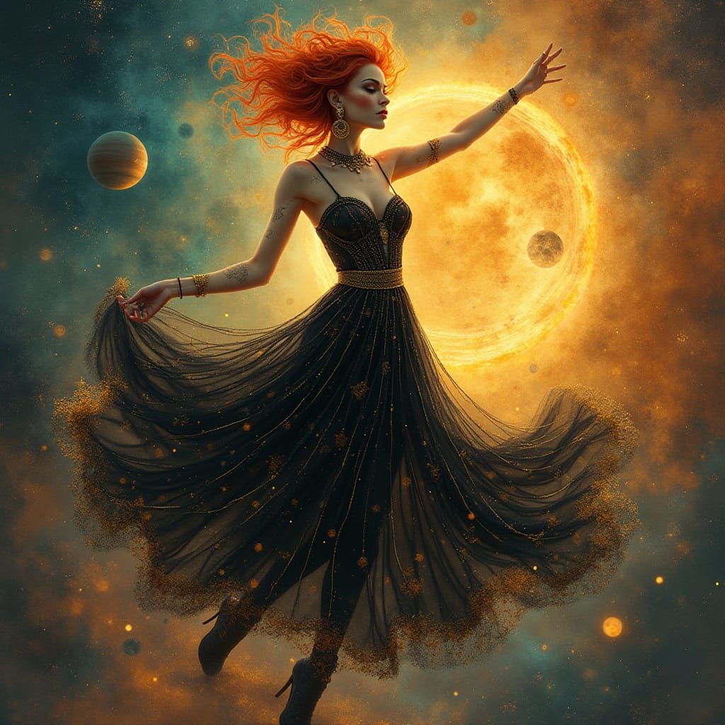 Ethereal Goddess Dances Amidst Cosmic Tapestry