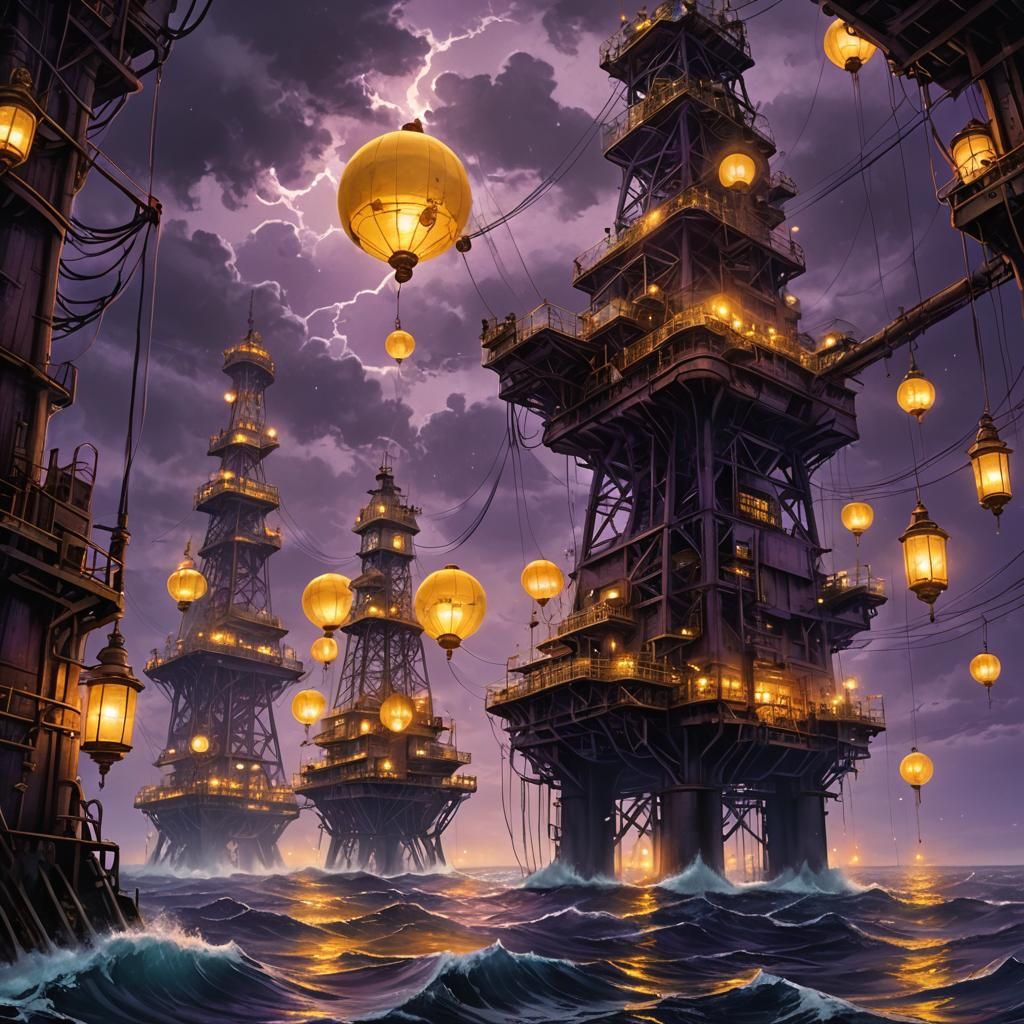 Mystical Oil Rigs in Dark Fantasy Style
