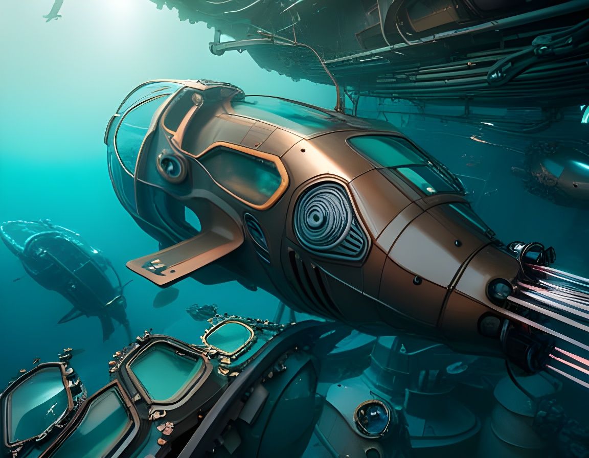 Futuristic Submarine Emitting Lights in Deep Sea