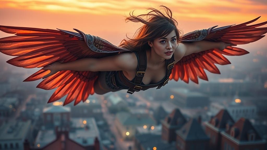 Steampunk Woman Soaring with Mechanical Wings