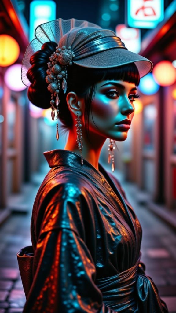 Futuristic Veiled Geisha in Neon Tokyo