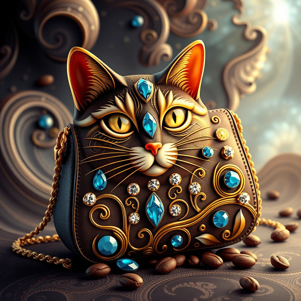Luxurious Cat Purse with Gold, Diamonds and Coffee Beans