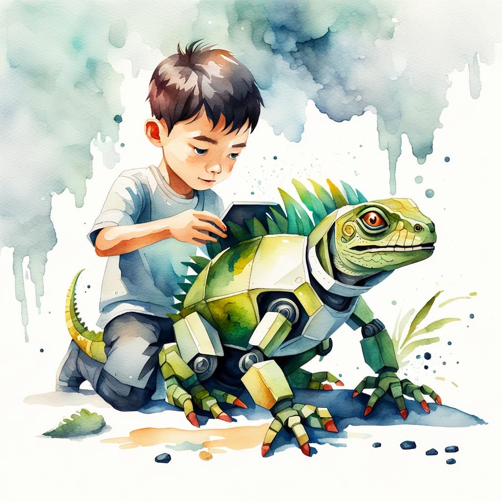 Boy Plays with Robot Iguana in Watercolor Style