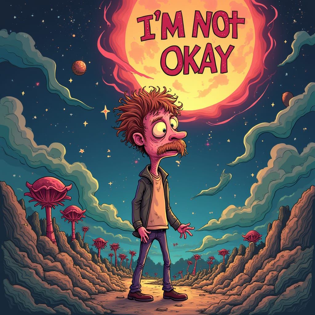 Psychedelic Cartoon Man Depicts Emotional Distress