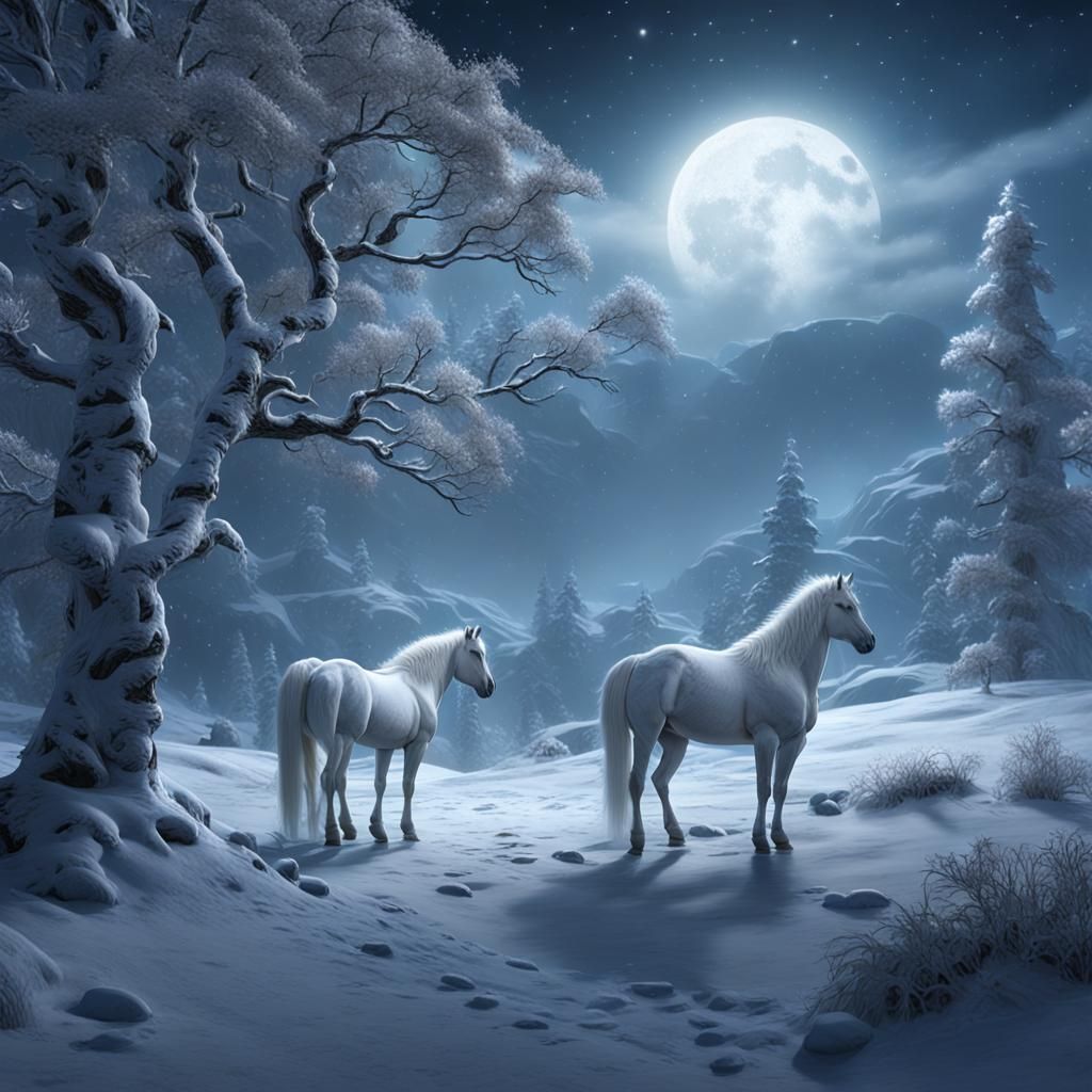 Snowy Tundra with White Horses in Matte Painting