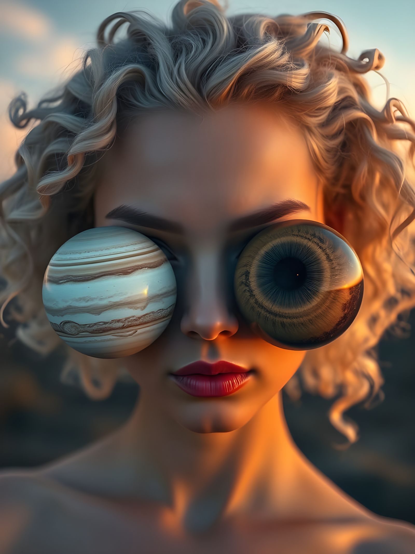 Cosmic Eyeball Goddess in a Vibrant Sunset Galaxy