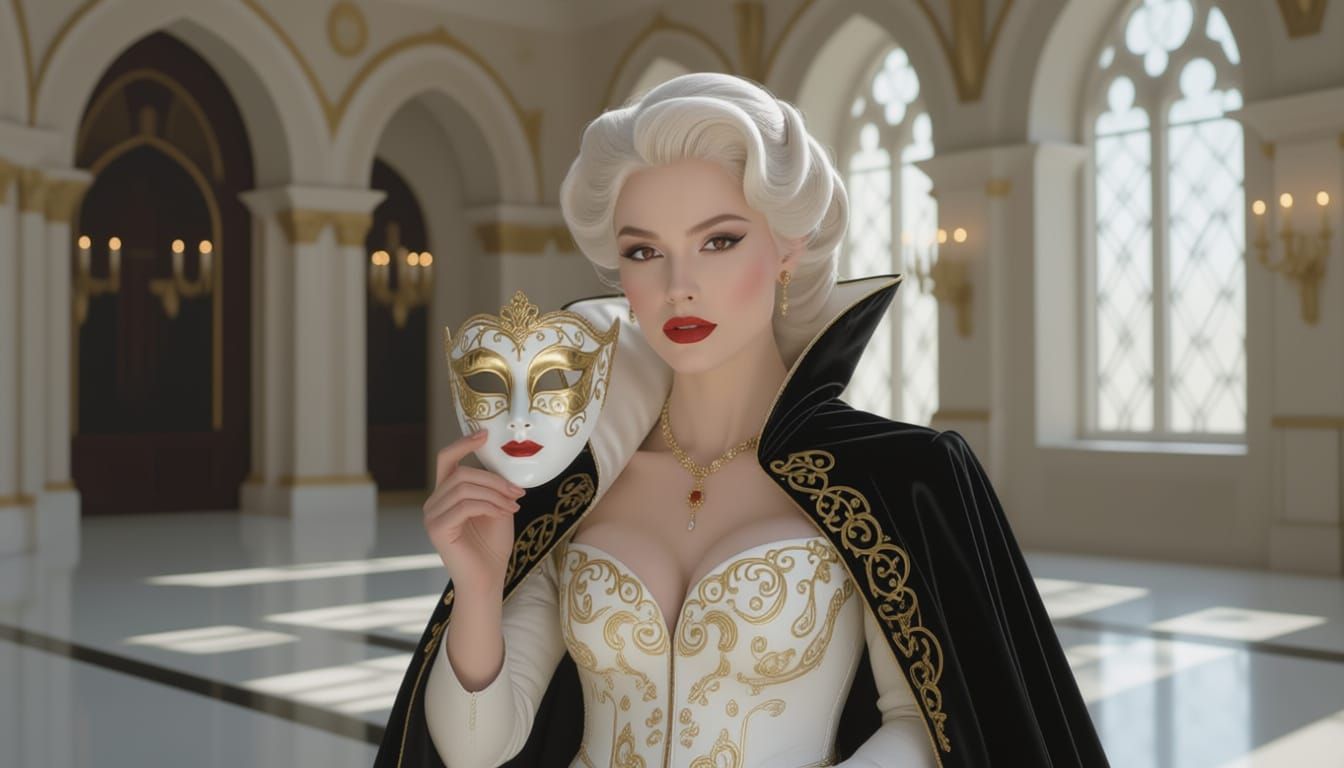 Elegant Woman in Ornate Mask with Golden Veins