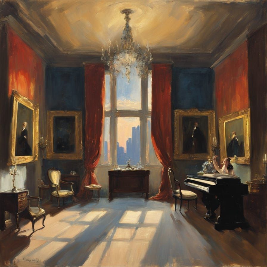 Luxurious Woman in a Dramatic Evening Gown, Oil Painting in....