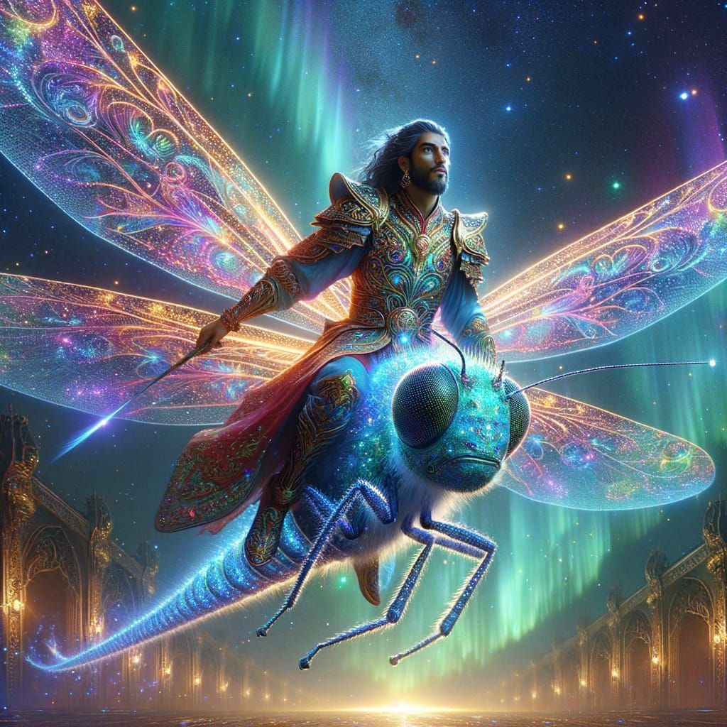 Warrior on Bioluminescent Dragonfly Soaring Through Aurora