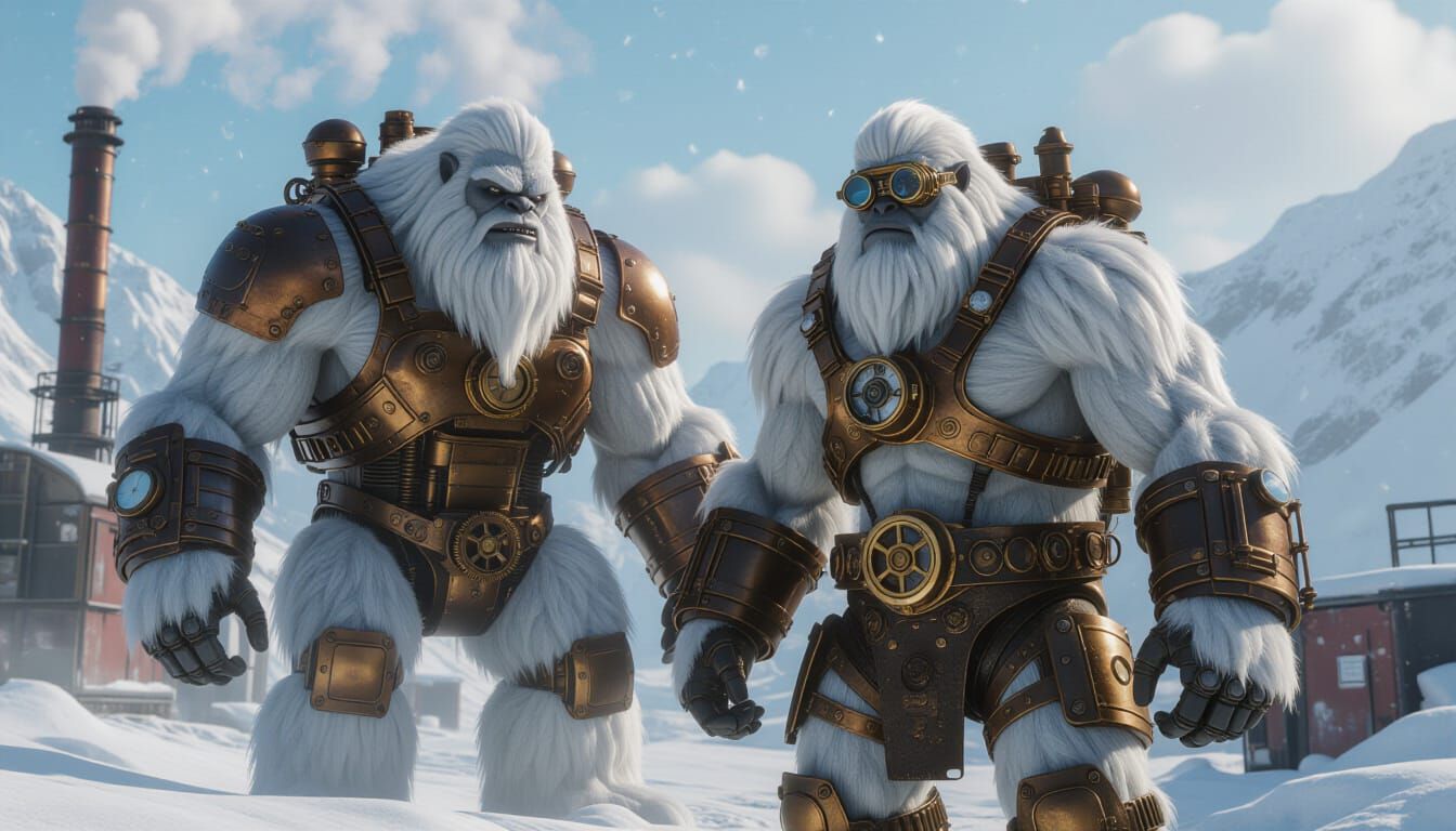 Steampunk Yeti in Snowy Industrial Landscape