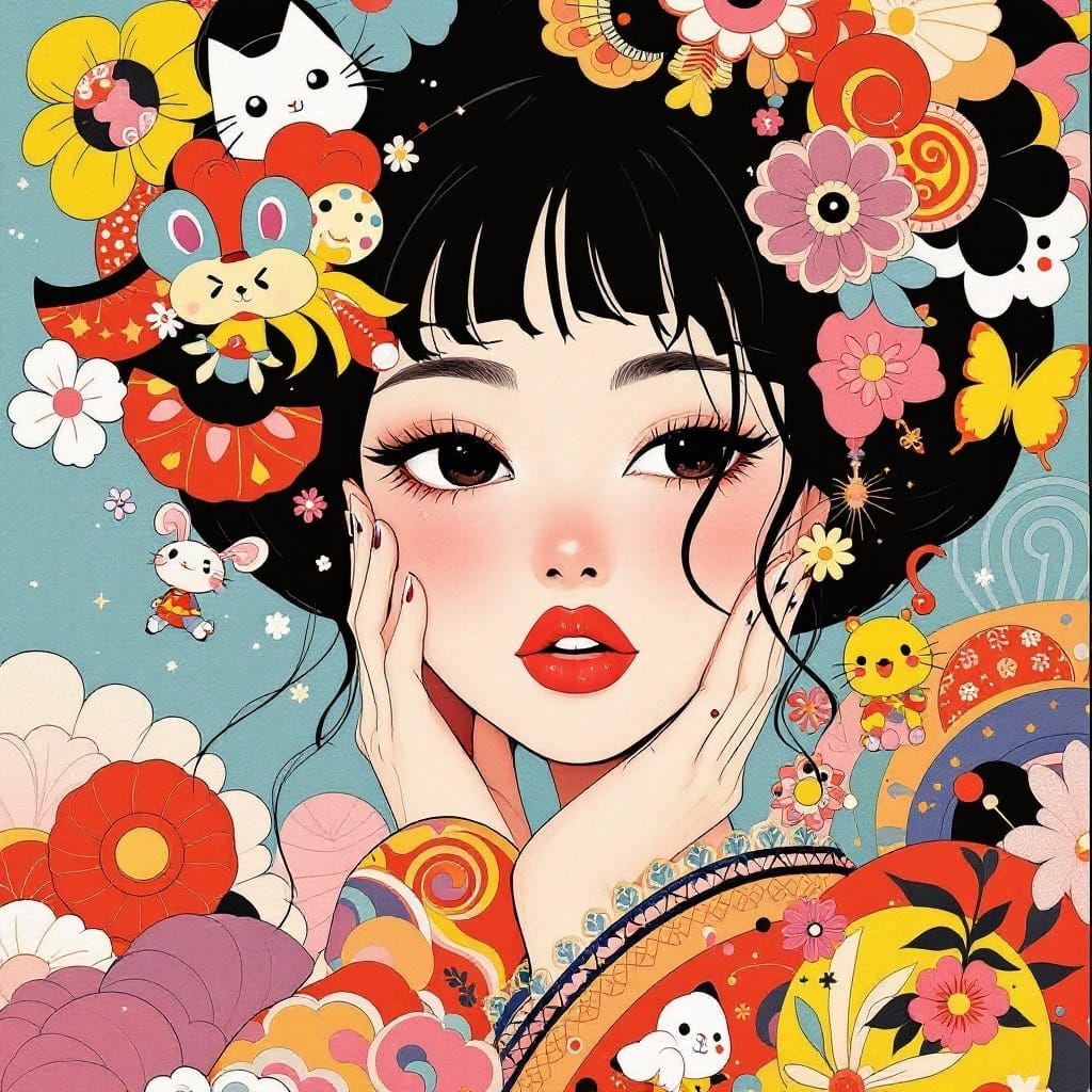 Vibrant Pop-Art Superflat Goddess with Anime Aesthetics