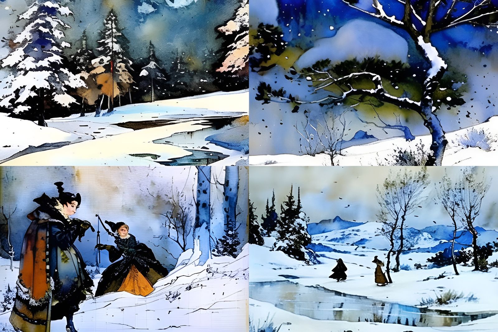 Painterly Winter Village in Watercolor Style