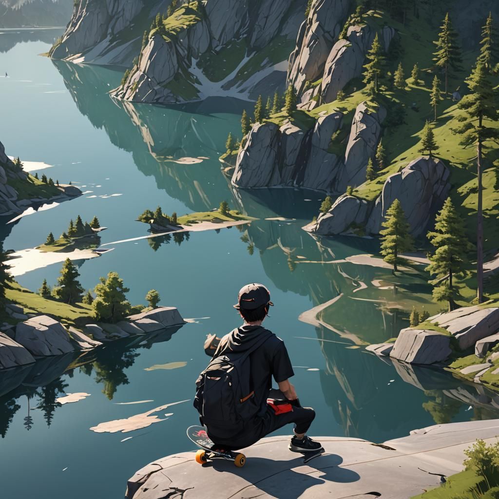 Skateboard Reflection in Tranquil Lake: Anime Art