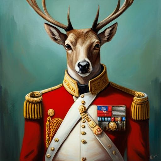 Anthropomorphic Deer in Military Outfit, Oil Painting