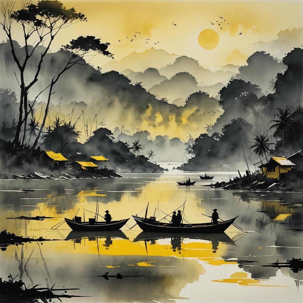 Minimalist Vietnamese Landscape with Fishing Boats