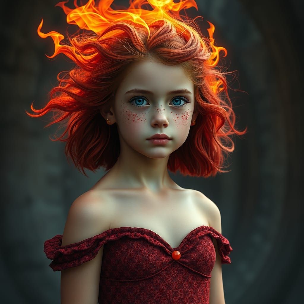 Flaming Haired Girl in Crimson Gown