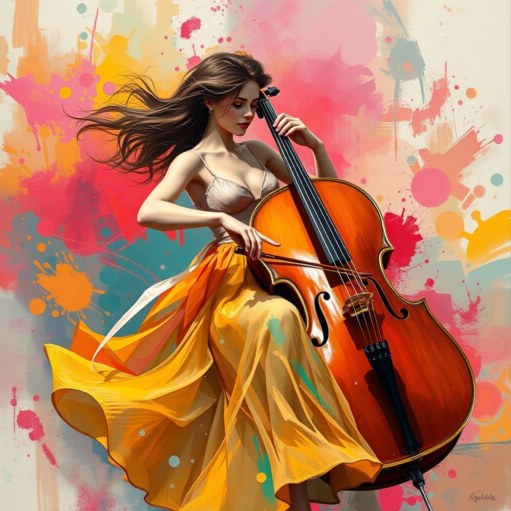 Cello Player in Street Scene with Abstract Colors