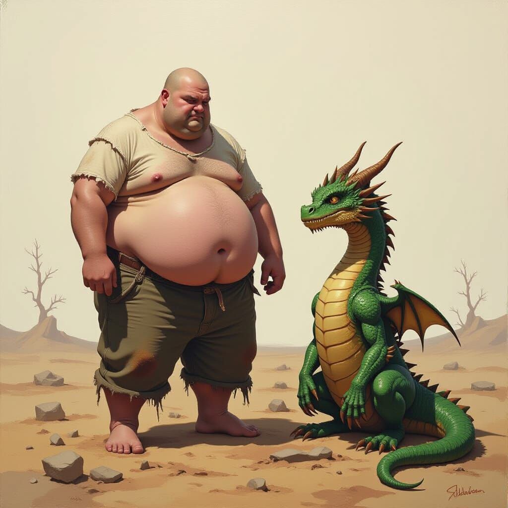 Obese Human Triumphs Over Emaciated Dragon in Barren Landsca...