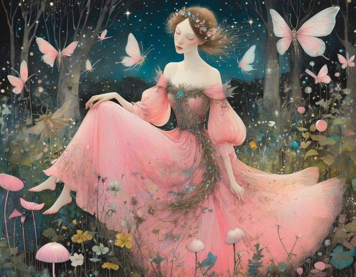 Whimsical Neon Fairies Dance in a Vibrant Night Garden