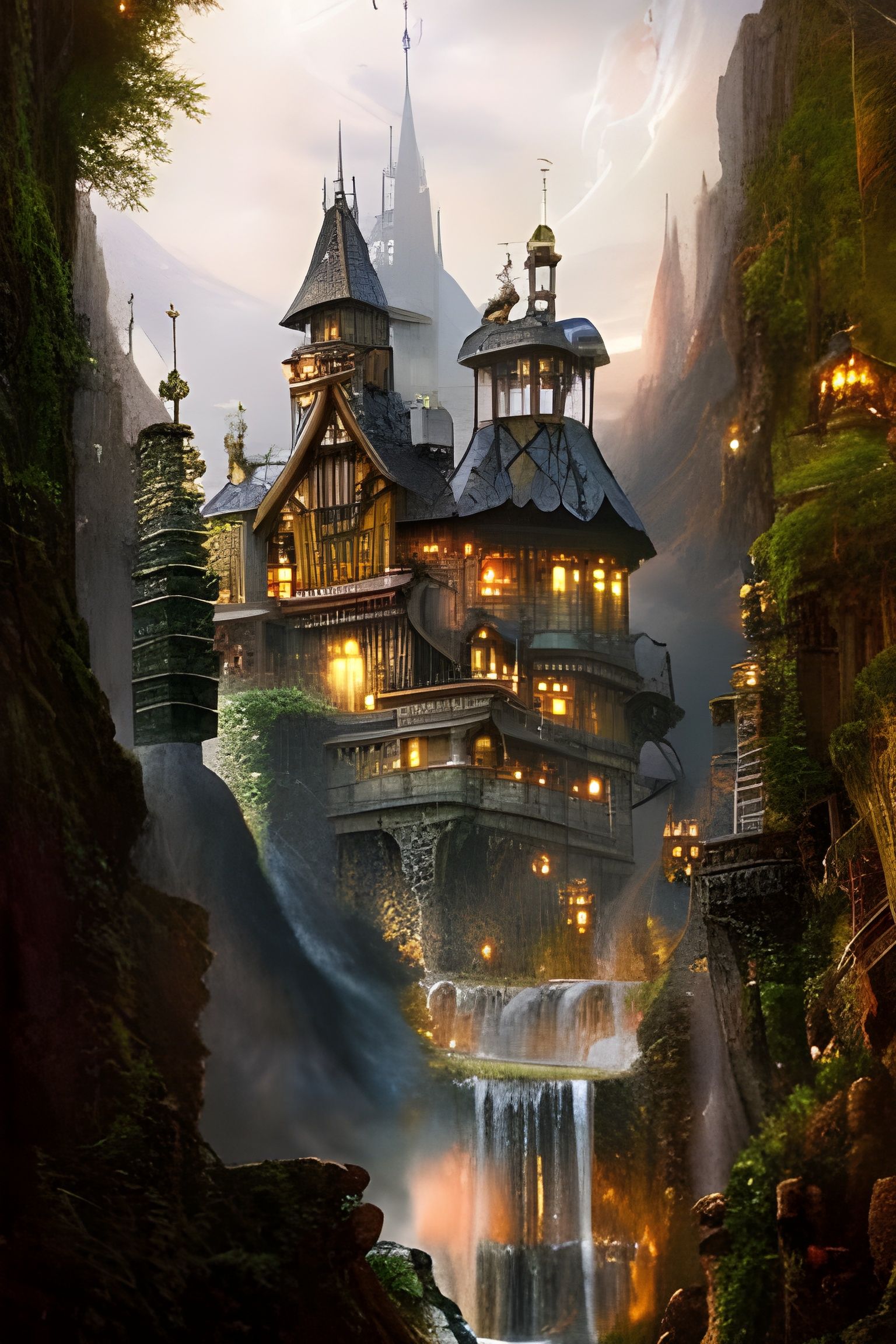 Steampunk Castle on Machine Overlooking Waterfall