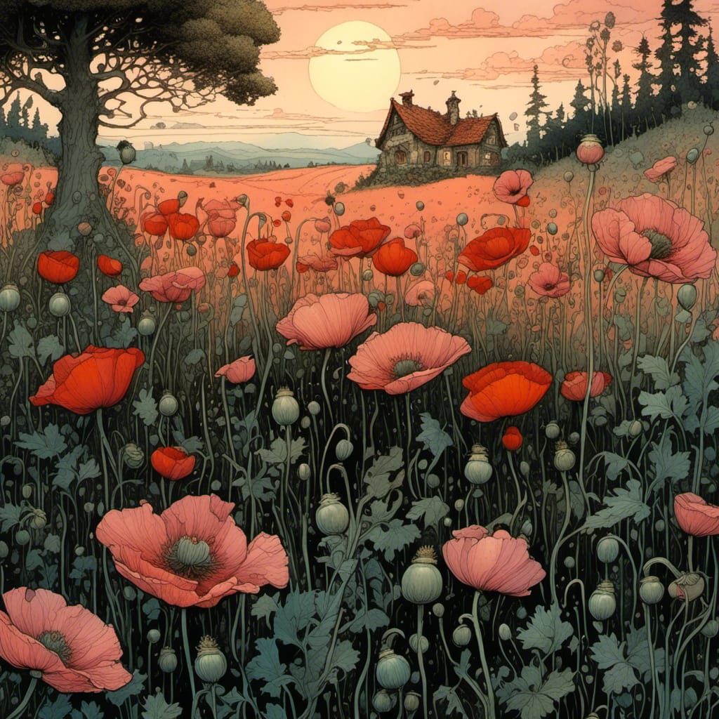 Poppies in Pink Evening Light: Hyperrealistic Storybook Illu...