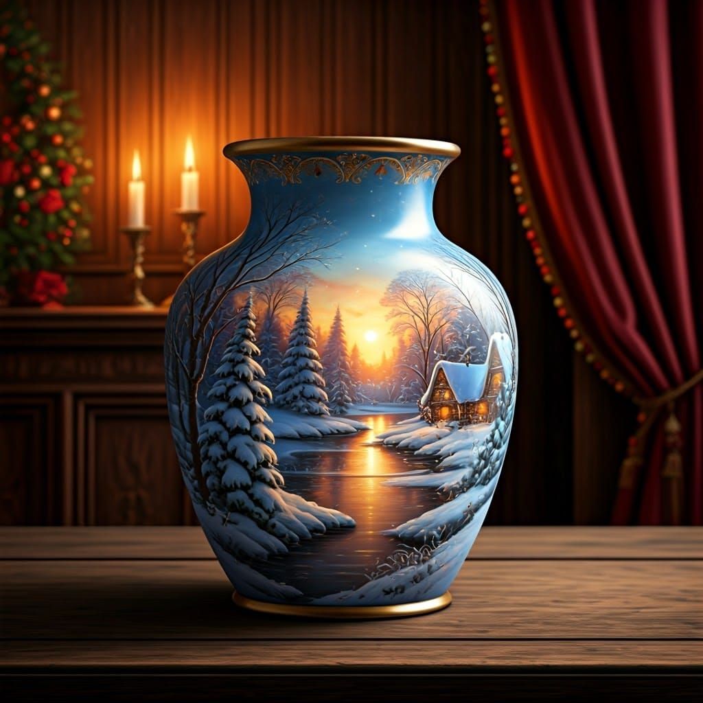 Winter Wonderlands on Antique Vase in Charming Holiday Setti...