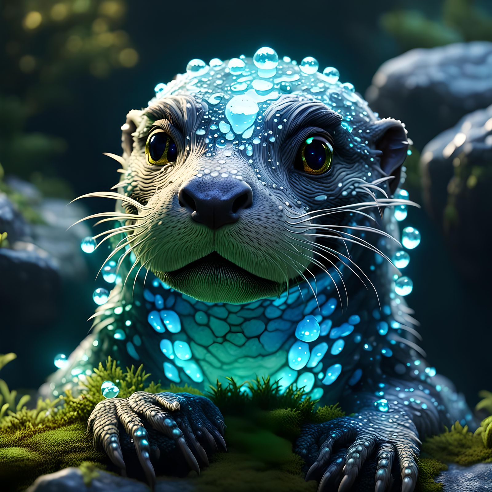 Crystalline Otter Dragon with Bioluminescent Moss