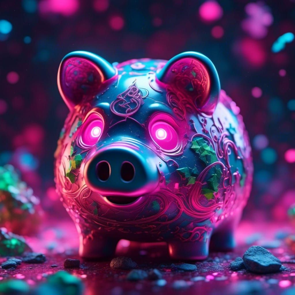 Hot Pink Piggy Bank in Neon Fractal Dreamscape